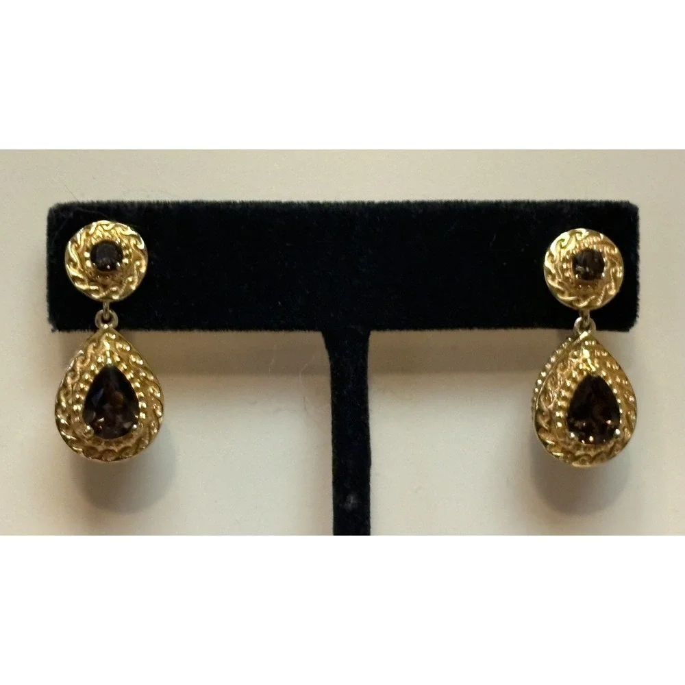 SIGNED SAJ VERMEIL STERLING SILVER BROWN SMOKEY TOPAZ STONES DANGLE EARRINGS